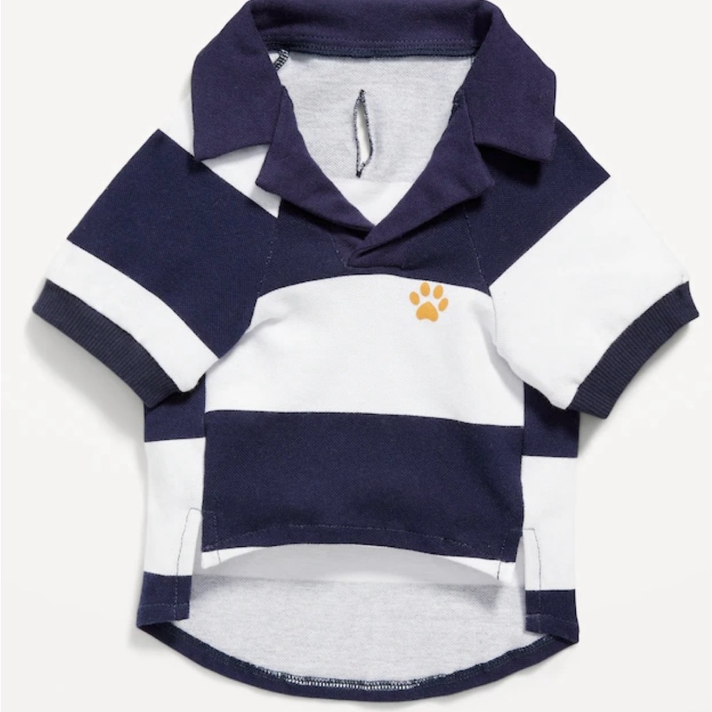 Pet Polo Shirt  Navy/White Stripe. Size large